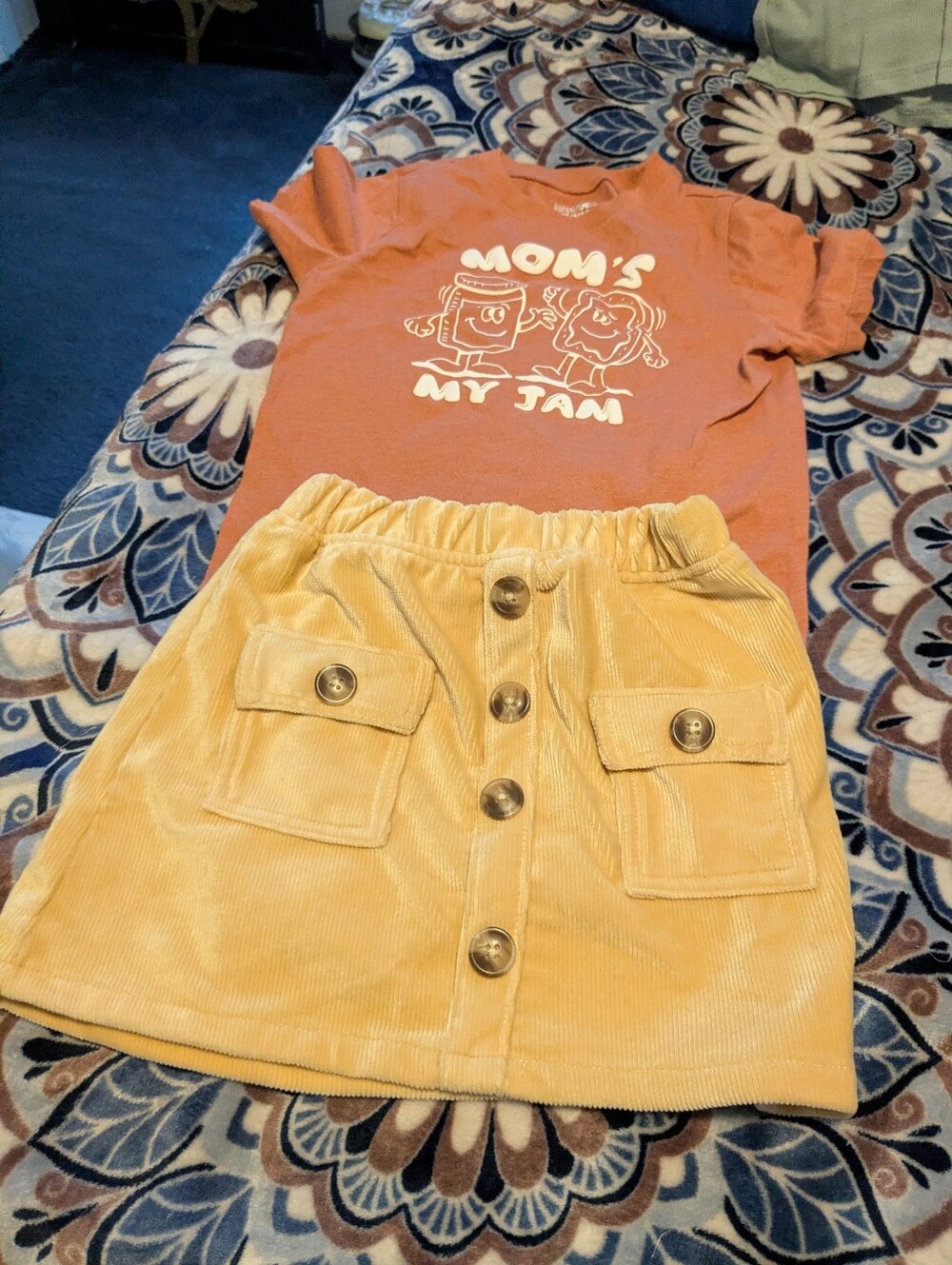 Kids Two-Piece Matching Set — Rust Graphic Tee & Mustard Corduroy Skirt